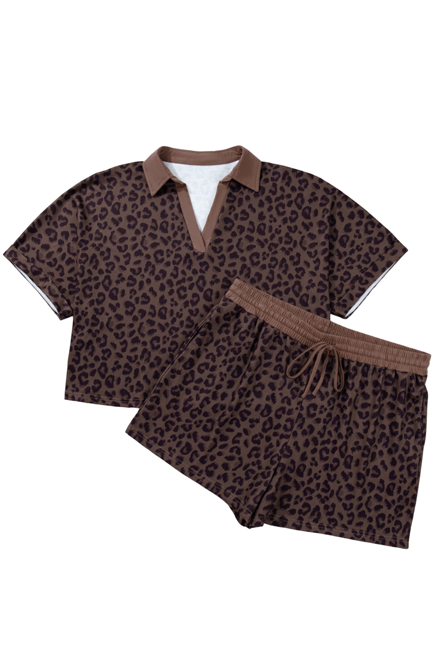 Brown Plus Size Leopard Short Set-Plus Size/Plus Size Loungewear-[Adult]-[Female]-2022 Online Blue Zone Planet