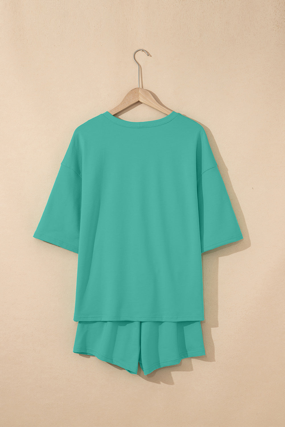 Sea Green Solid Loose V Neck Half Sleeve Tee and Shorts-Two Piece Sets/Short Sets-[Adult]-[Female]-2022 Online Blue Zone Planet