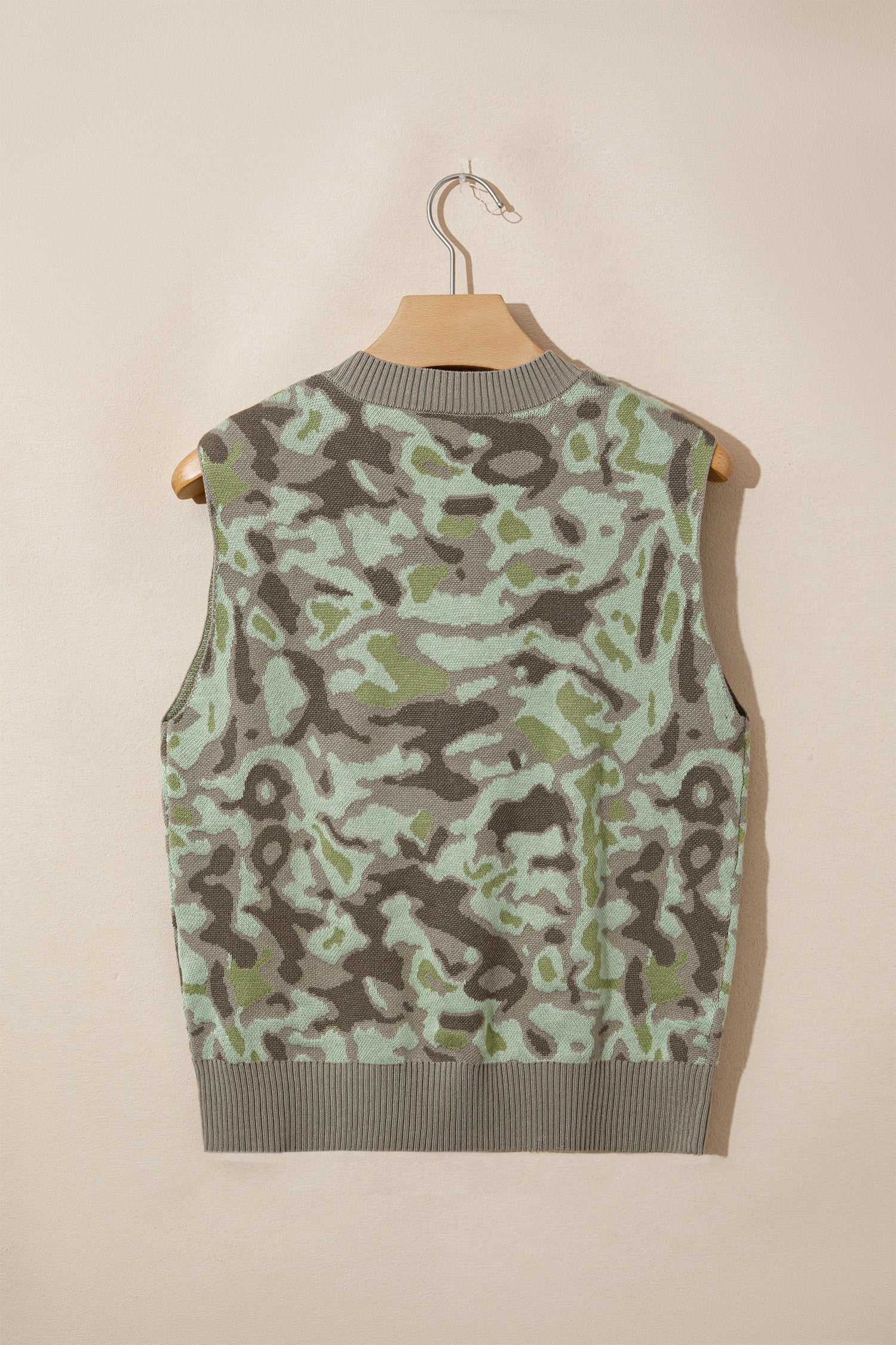 Green Camo Print Button Front Loose Sweater Vest-TOPS / DRESSES-[Adult]-[Female]-2022 Online Blue Zone Planet