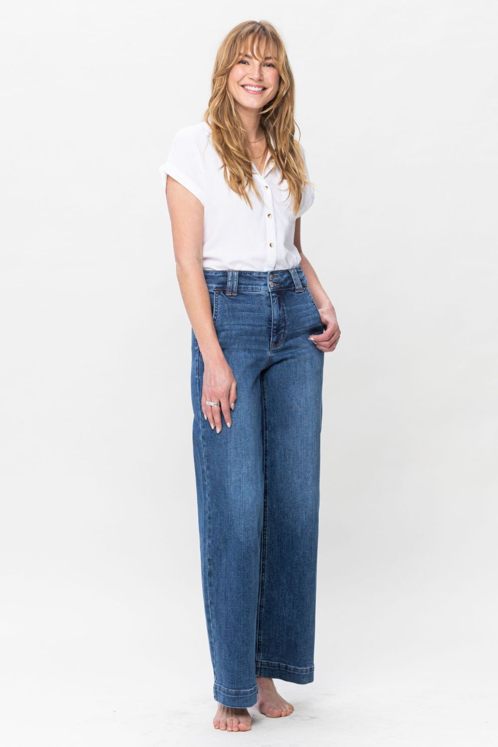 Blue Zone Planet | Judy Blue Full Size Double Button Wide Leg Jeans-BOTTOMS SIZES SMALL MEDIUM LARGE-[Adult]-[Female]-2022 Online Blue Zone Planet