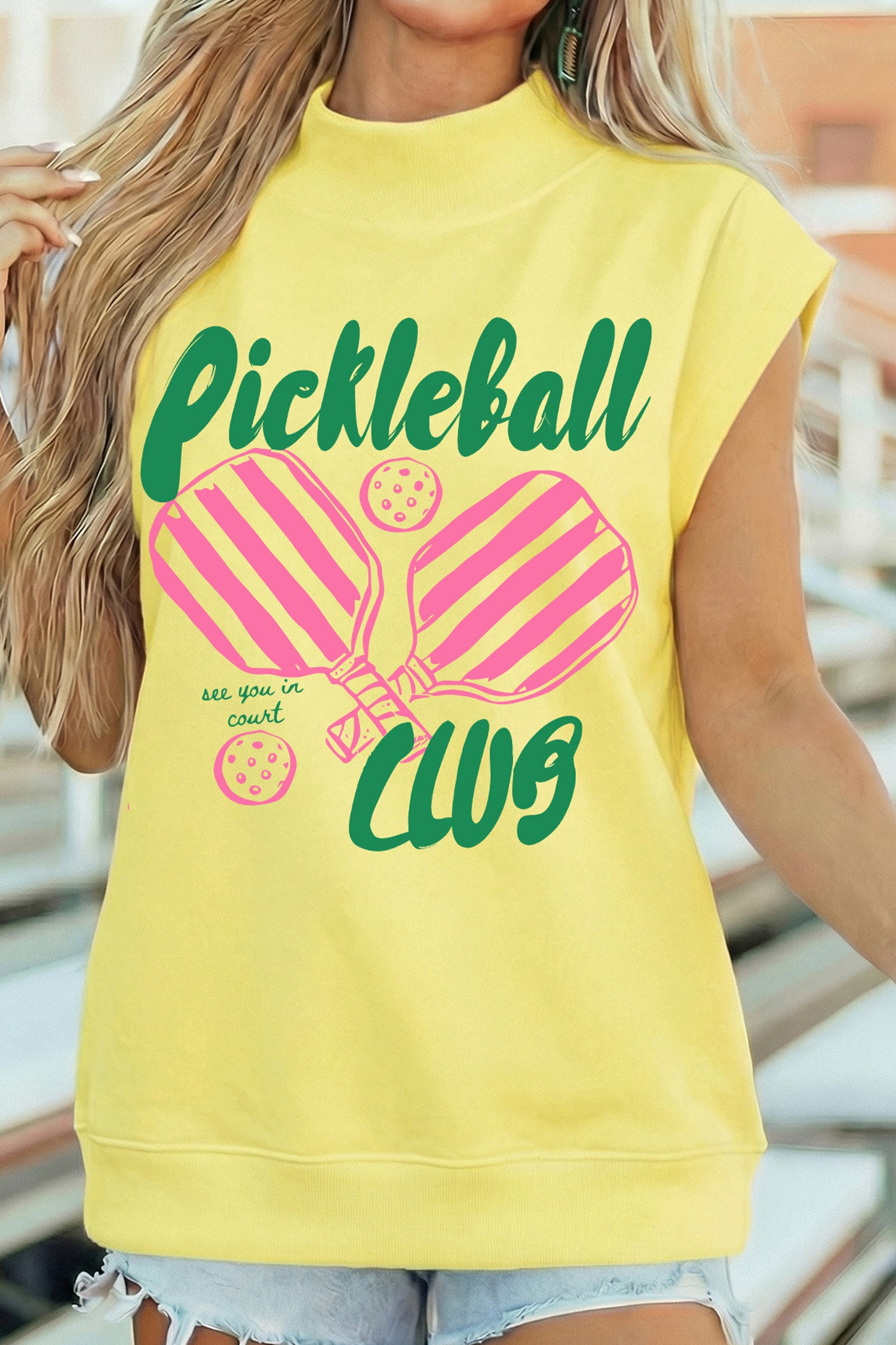 Yellow Pickleball Club Game Day Graphic Mock Neck Top-Graphic/Graphic Tees-[Adult]-[Female]-2022 Online Blue Zone Planet
