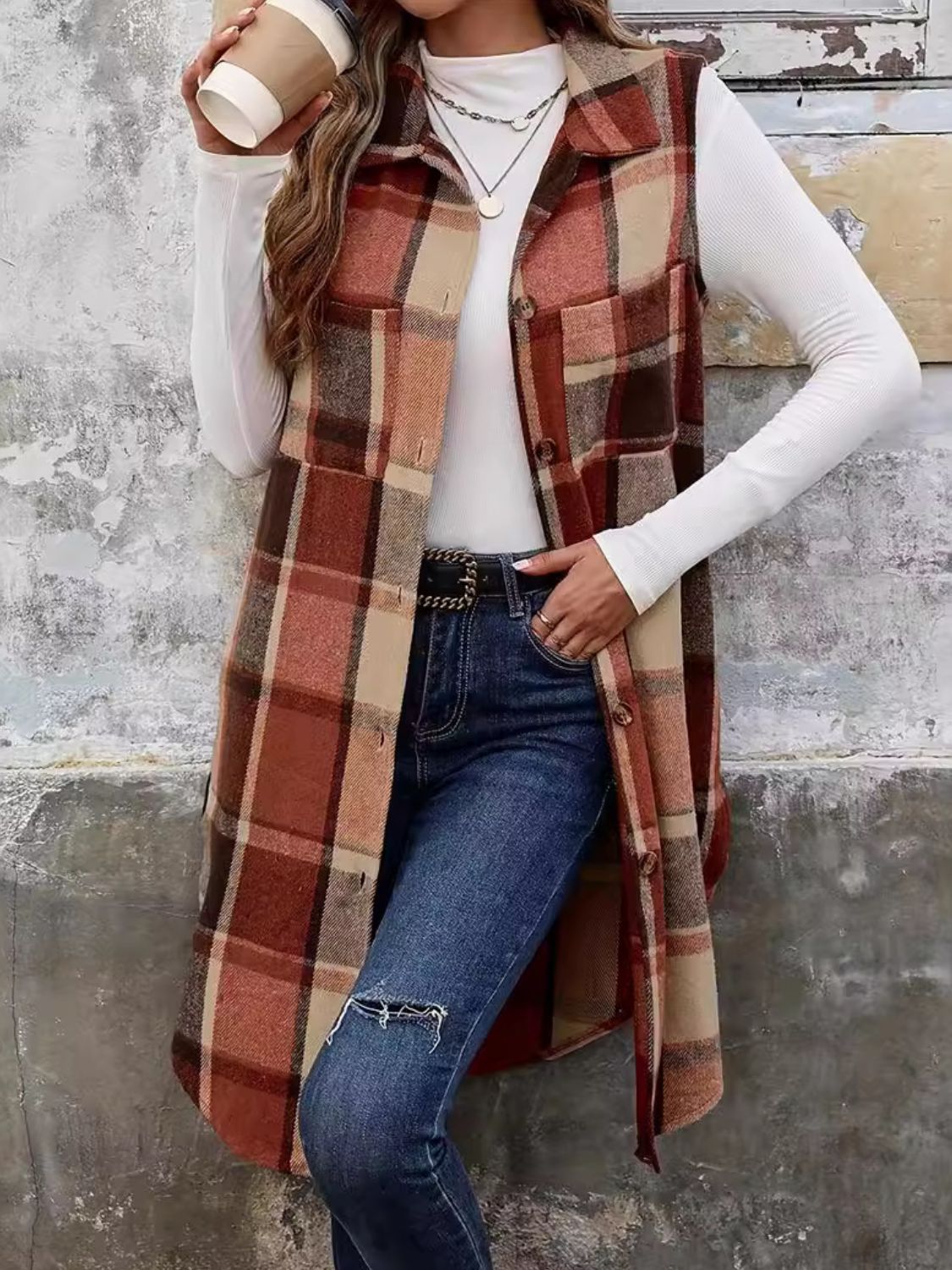 Plaid Button Up Vest Coat-[Adult]-[Female]-Terracotta-S-2022 Online Blue Zone Planet