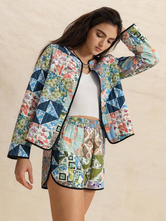 Printed Button Up Long Sleeve Outerwear and Shorts Set-TOPS / DRESSES-[Adult]-[Female]-Multicolor-S-2022 Online Blue Zone Planet