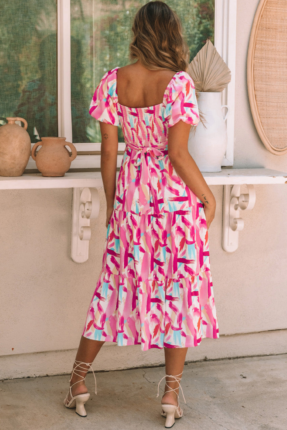 Pink Brush Stroke Printed Smocked Ruffle Tiered Dress Blue Zone Planet