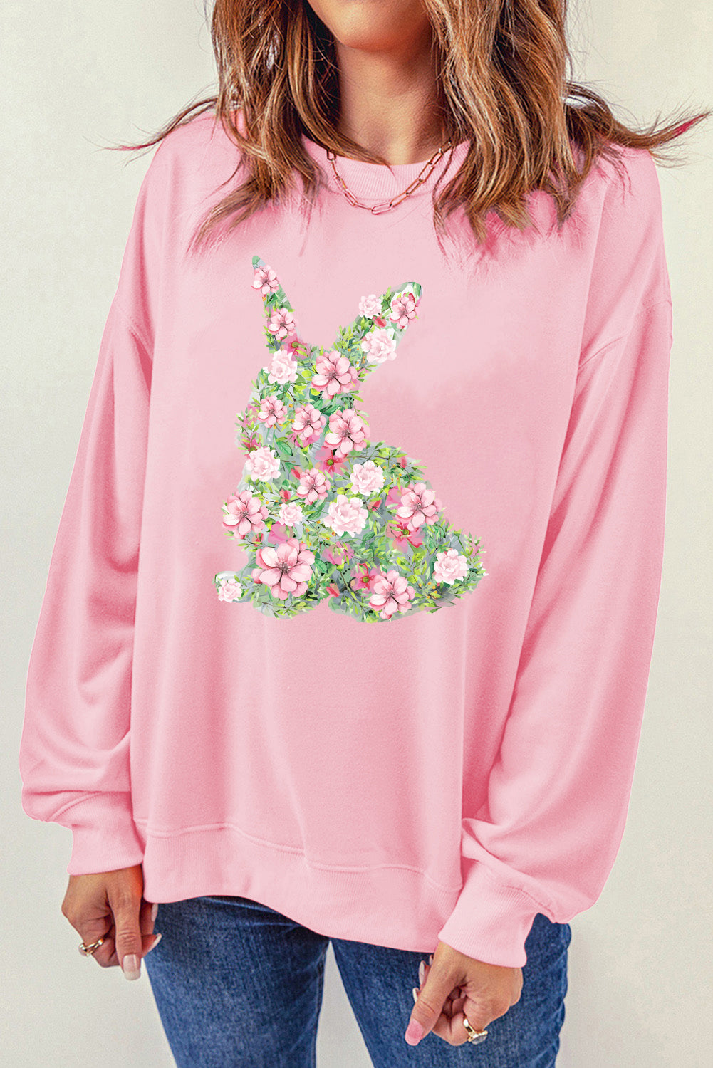Pink Floral Bunny Printed Crewneck Easter Fashion Sweatshirt-Graphic/Graphic Sweatshirts-[Adult]-[Female]-2022 Online Blue Zone Planet