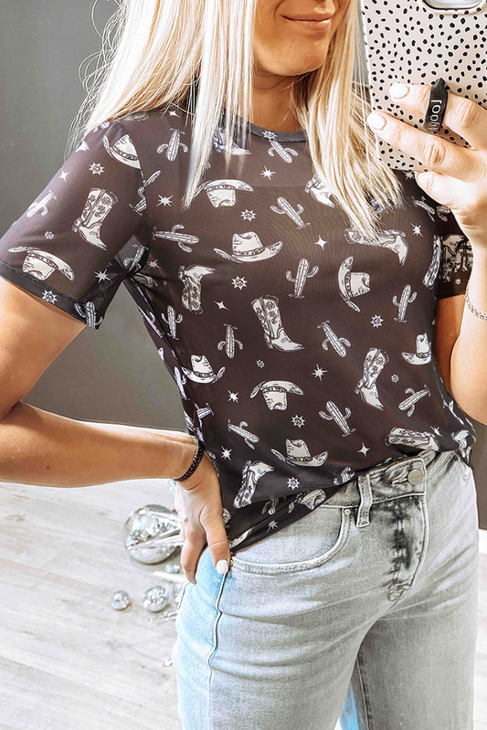 Black Western Pattern Mesh Sheer Crew Neck T Shirt-Tops/Tops & Tees-[Adult]-[Female]-Black-S-2022 Online Blue Zone Planet