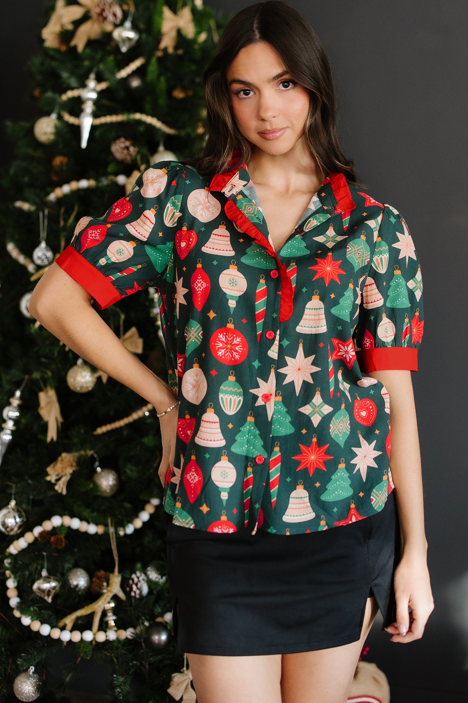 Green Christmas Fashion Print Contrast Trim Frilled Neck Short Sleeve Blouse-Tops/Blouses & Shirts-[Adult]-[Female]-2022 Online Blue Zone Planet
