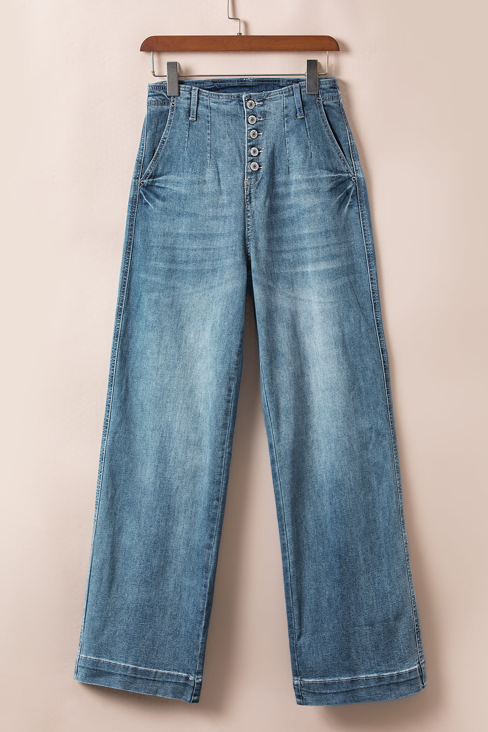 Dusk Blue Multi Buttons Medium Wash Straight Loose Leg Jeans-Bottoms/Jeans-[Adult]-[Female]-2022 Online Blue Zone Planet