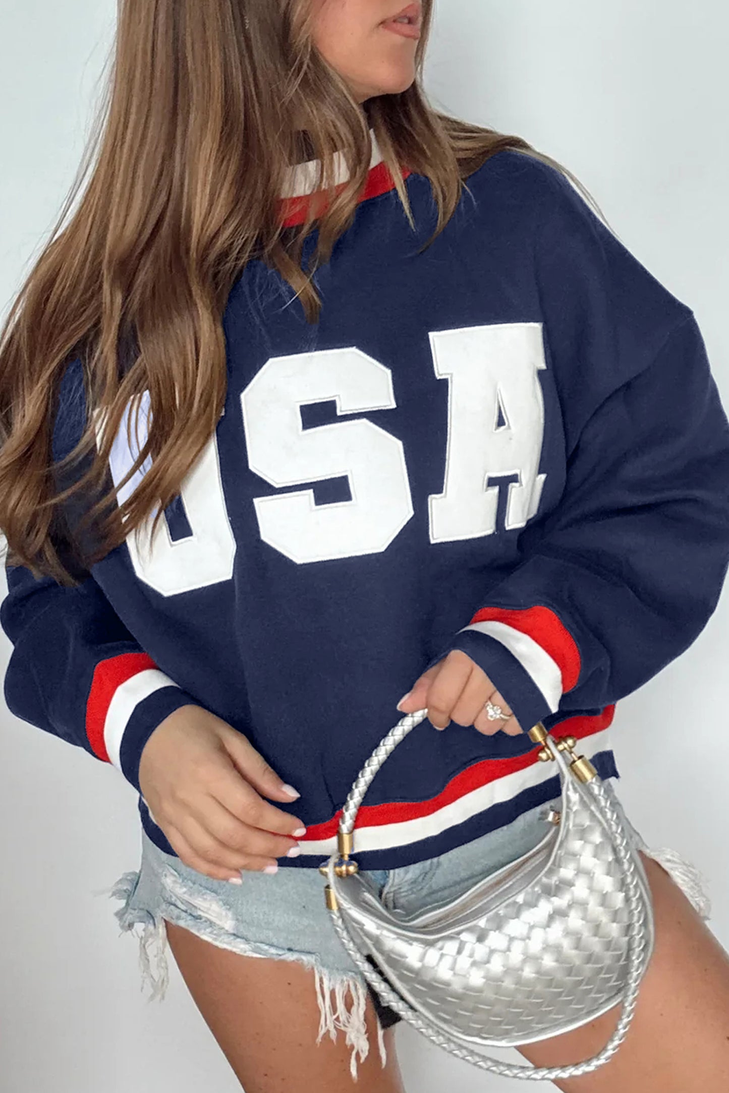 Dirty blue USA Slogan Patch Embroidery Colorblock High Neck Long Sleeve Sweatshirt-Tops/Sweatshirts & Hoodies-[Adult]-[Female]-2022 Online Blue Zone Planet