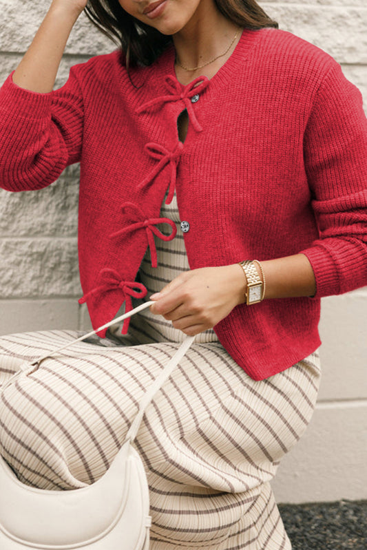 Fiery Red Ribbed Knit Bow Front Buttoned Cardigan-Sweaters & Cardigans/Cardigans-[Adult]-[Female]-2022 Online Blue Zone Planet