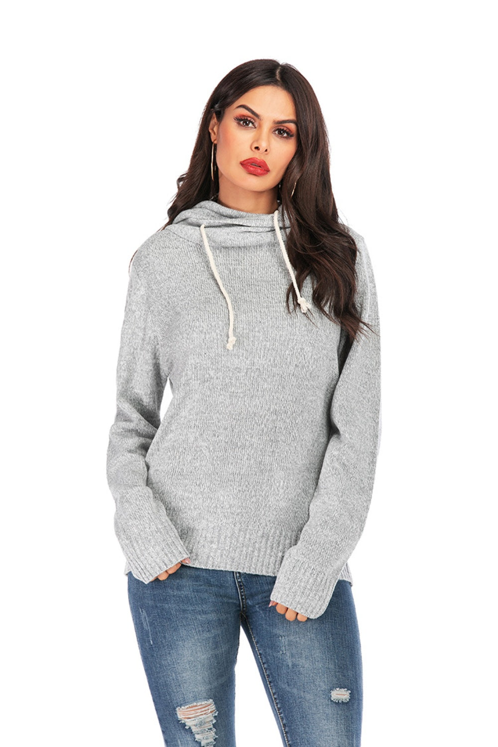 Drawstring Mock Neck Long Sleeve Sweater-TOPS / DRESSES-[Adult]-[Female]-Gray-S-2022 Online Blue Zone Planet