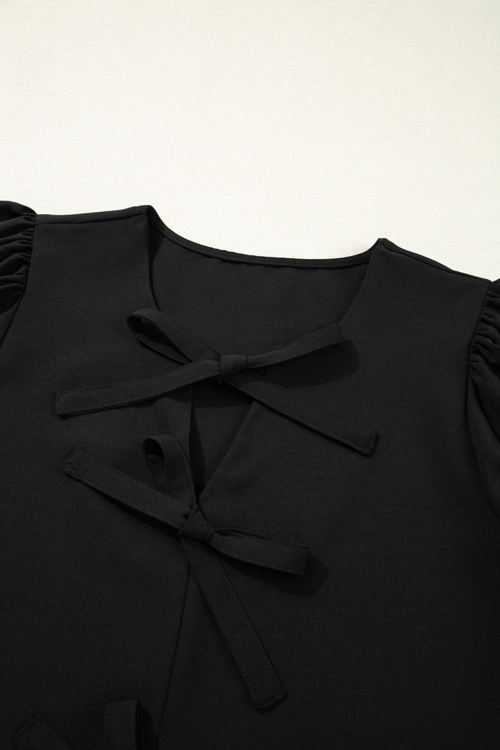Black Puff Sleeve Bowknot Front Peplum Blouse-Tops/Blouses & Shirts-[Adult]-[Female]-2022 Online Blue Zone Planet