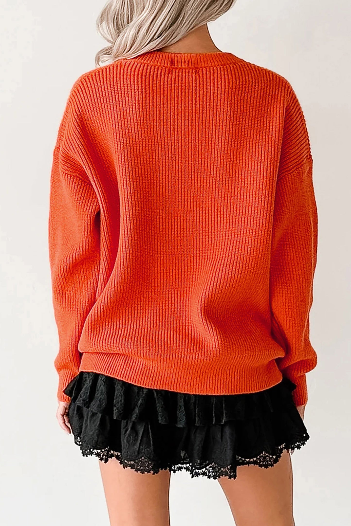 Orange Drop Shoulder Long Sleeve Round Neck Halloween Sweater-Sweaters & Cardigans/Sweaters-[Adult]-[Female]-2022 Online Blue Zone Planet