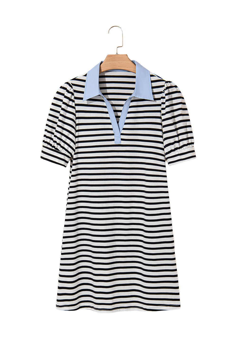 Black Stripe Contrast V Neck Collared Puff Sleeve T Shirt Mini Dress with Pockets-TOPS / DRESSES-[Adult]-[Female]-2022 Online Blue Zone Planet