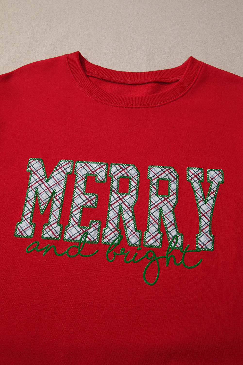 Fiery Red Merry and Bright Plaid Embroidered Letter Graphic Sequin Bow Decor Christmas Sweatshirt-Tops/Sweatshirts & Hoodies-[Adult]-[Female]-2022 Online Blue Zone Planet