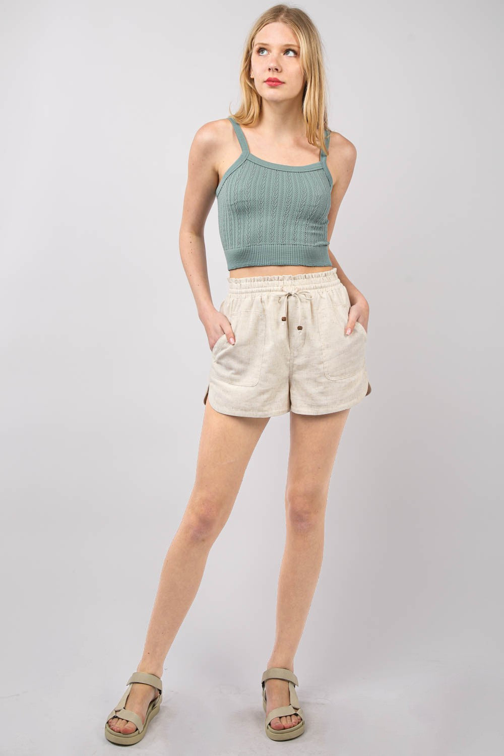 VERY J Drawstring Elastic Waist Linen Shorts-BOTTOMS SIZES SMALL MEDIUM LARGE-[Adult]-[Female]-2022 Online Blue Zone Planet