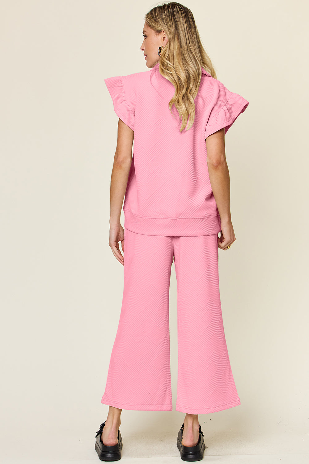 Blue Zone Planet | Double Take Texture Ruffle Short Sleeve Top and Drawstring Wide Leg Pants Set-TOPS / DRESSES-[Adult]-[Female]-2022 Online Blue Zone Planet