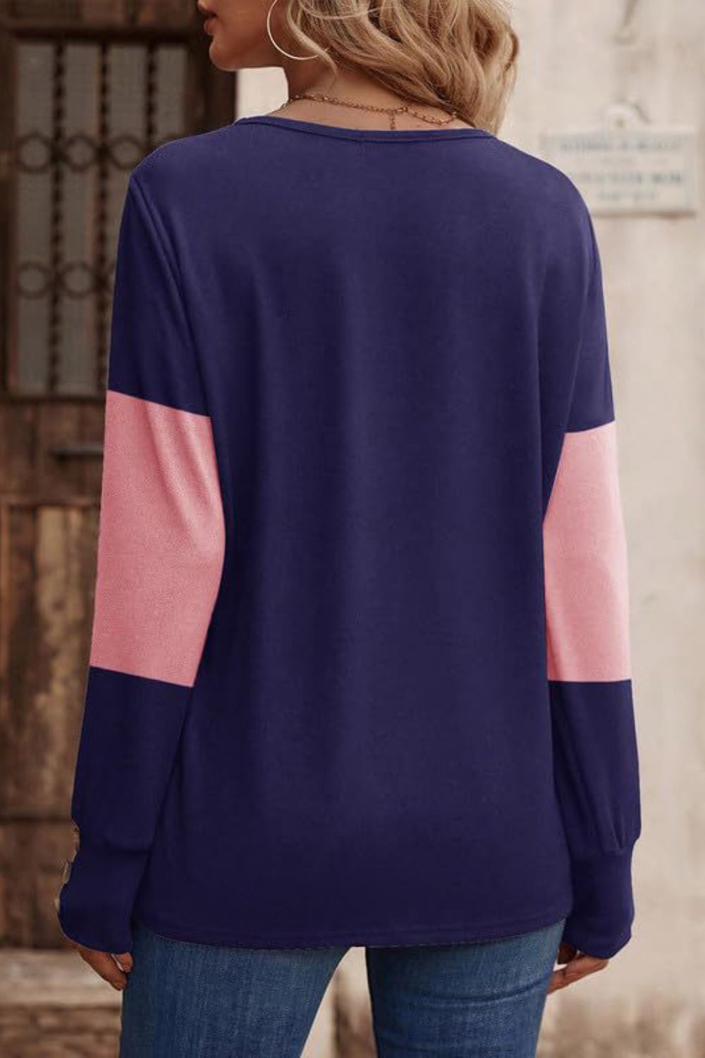 Decorative Button Contrast V-Neck Long Sleeve T-Shirt-TOPS / DRESSES-[Adult]-[Female]-2022 Online Blue Zone Planet