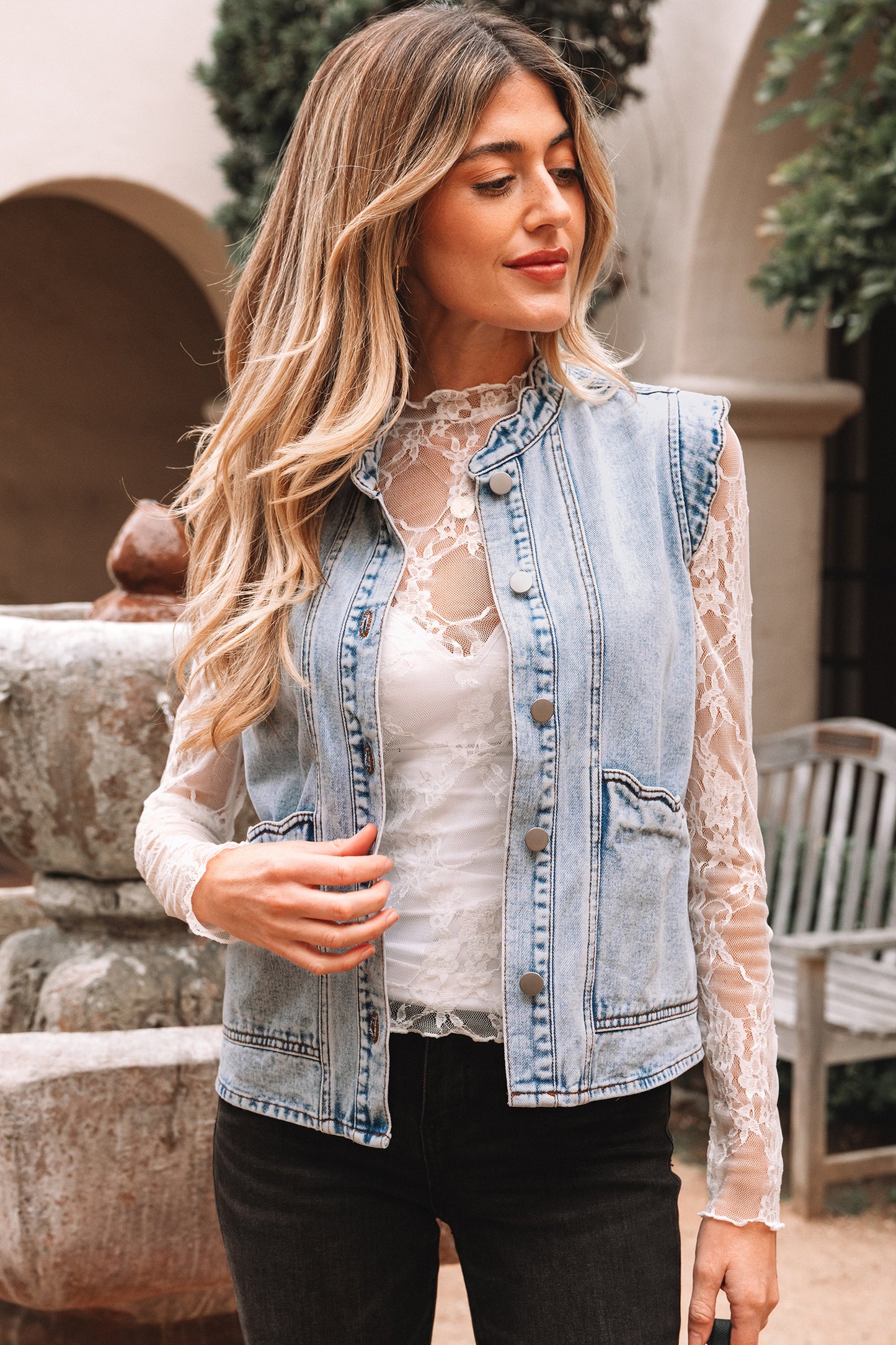 Beau Blue Scalloped Trim Patch Pocket Button Front Denim Vest-Outerwear/Vests-[Adult]-[Female]-2022 Online Blue Zone Planet