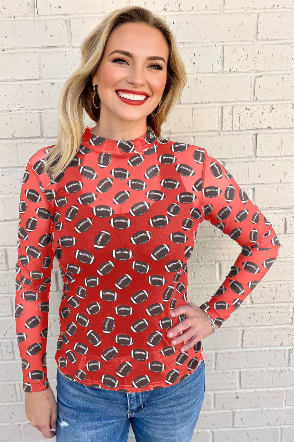 Brown Game Day Rugby Mesh Sheer Long Sleeve Top-Tops/Long Sleeve Tops-[Adult]-[Female]-2022 Online Blue Zone Planet