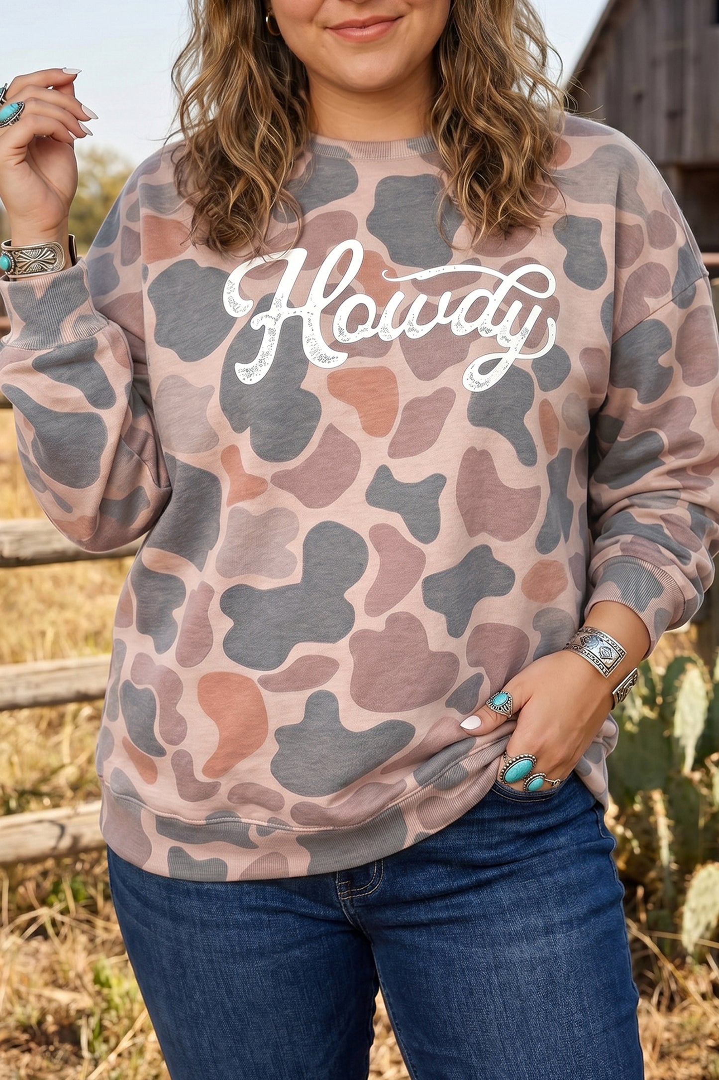 Multicolour Camouflage Western Graphic Plus Size Sweatshirt