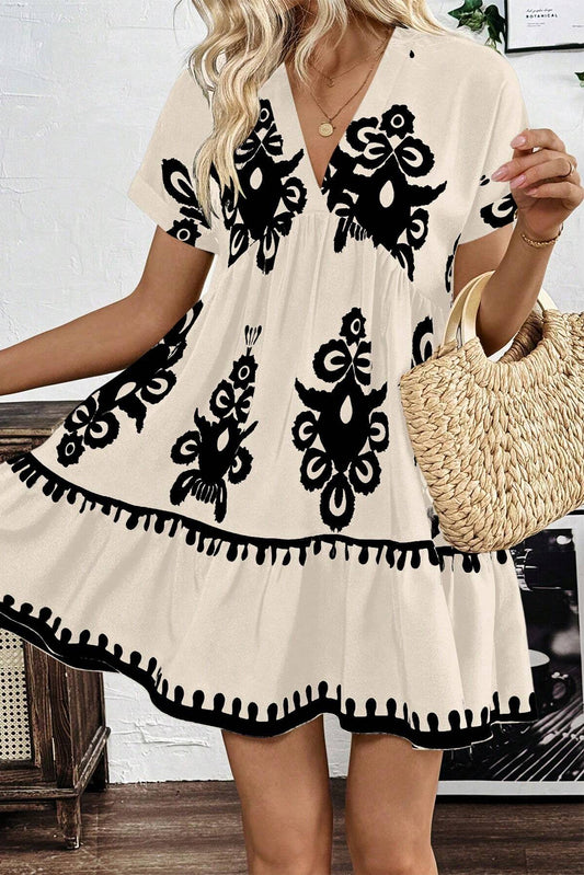 Black Vintage Print V Neck High Waist Short Sleeve Dress-Dresses/Mini Dresses-[Adult]-[Female]-Black-S-2022 Online Blue Zone Planet