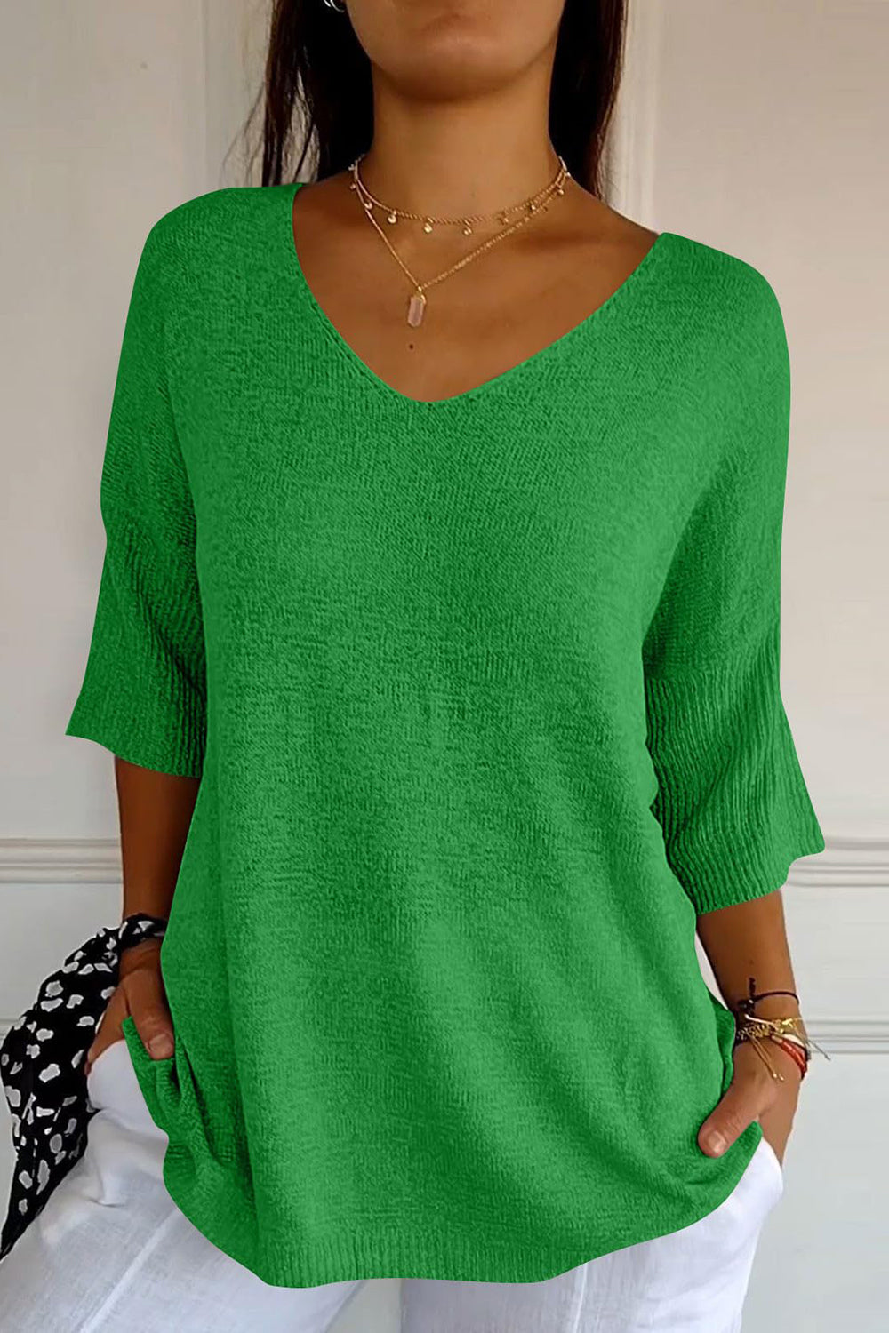 V-Neck Three-Quarter Sleeve Knit Top-TOPS / DRESSES-[Adult]-[Female]-Dark Green-One Size-2022 Online Blue Zone Planet