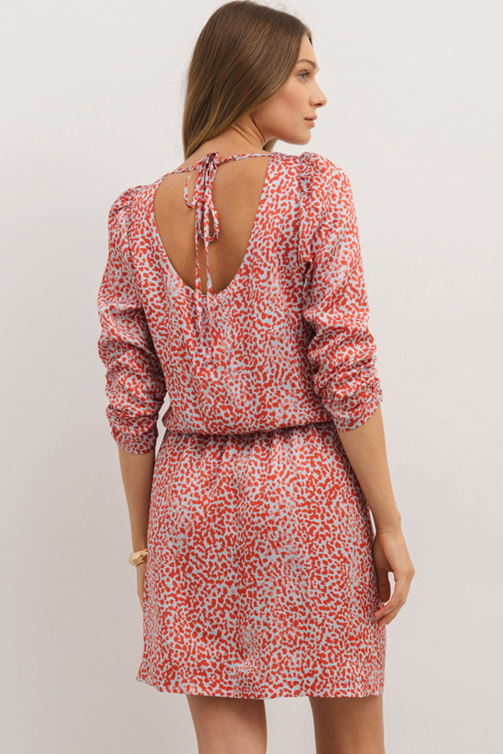 red and blue leopard print dress Blue Planet | Tied Leopard Surplice Long Sleeve Dress