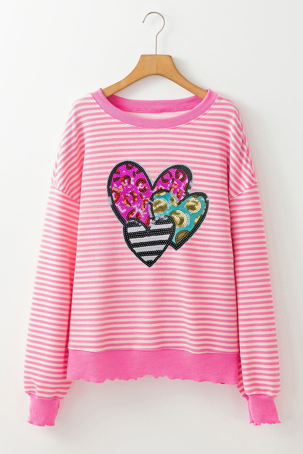 Pink Stripe Leopard Heart Patched Graphic Long Sleeve Top-Graphic Apparel-[Adult]-[Female]-2022 Online Blue Zone Planet