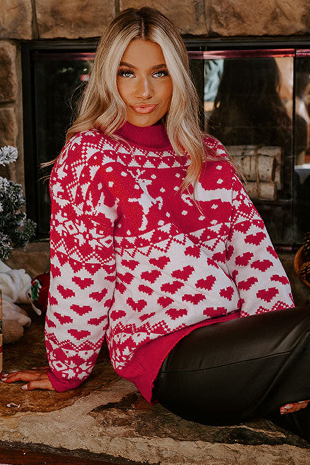 Blue Zone Planet | Fiery Red Merry Christmas Reindeer Heart Pattern High Neck Sweater-Sweaters & Cardigans/Sweaters-[Adult]-[Female]-2022 Online Blue Zone Planet