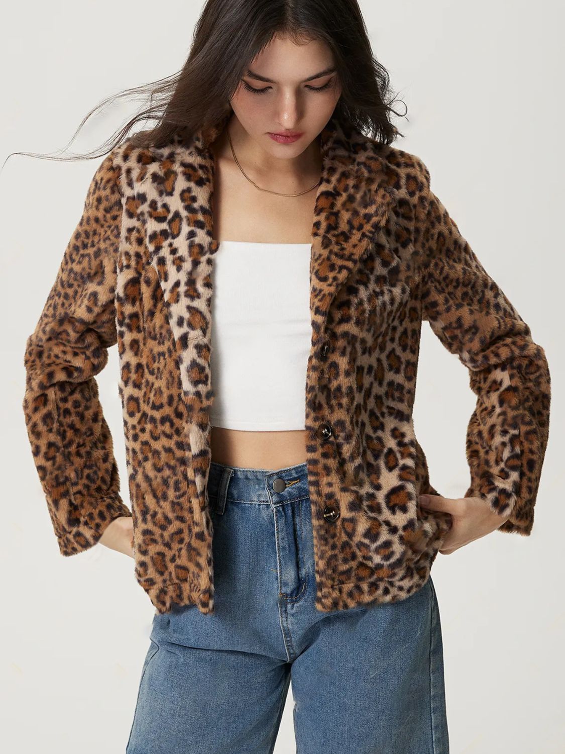 Blue Zone Planet | Fuzzy Leopard Collared Neck Jacket-TOPS / DRESSES-[Adult]-[Female]-2022 Online Blue Zone Planet