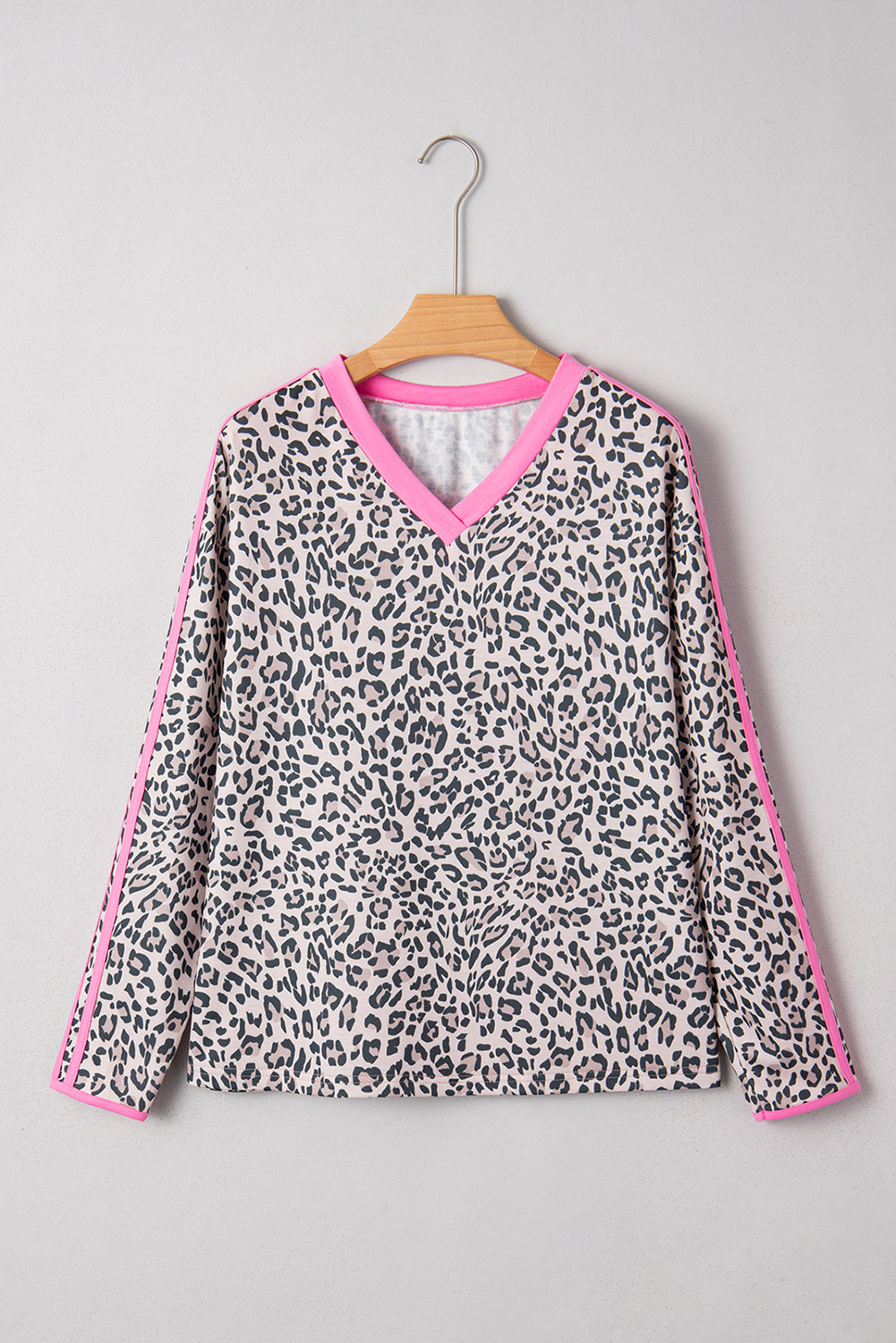 Khaki Leopard Print Contrast V Neck Varsity Stripe Detail Long Sleeve Top-Tops/Long Sleeve Tops-[Adult]-[Female]-Khaki-S-2022 Online Blue Zone Planet