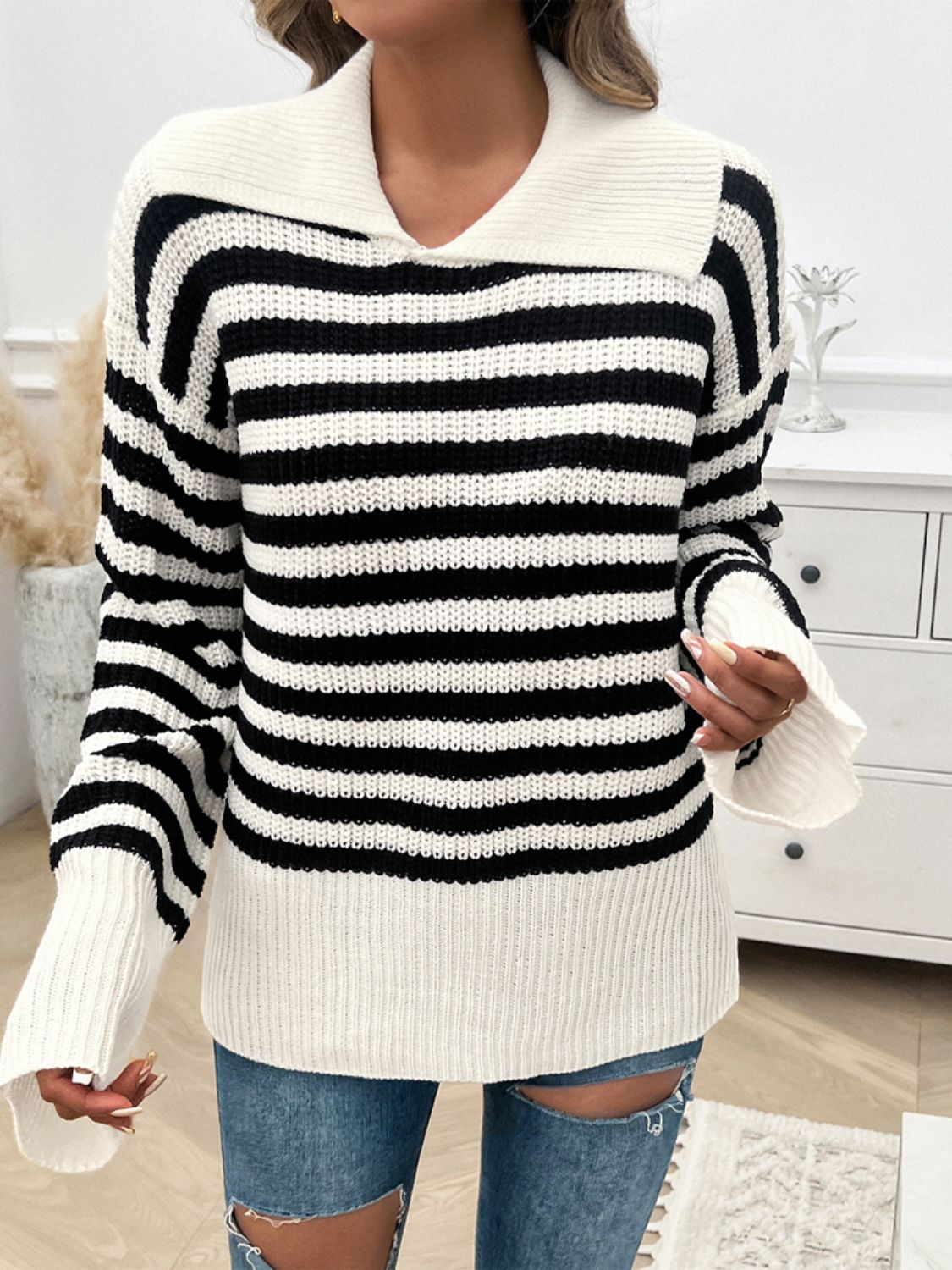 Striped Collared Neck Long Sleeve Sweater-TOPS / DRESSES-[Adult]-[Female]-2022 Online Blue Zone Planet