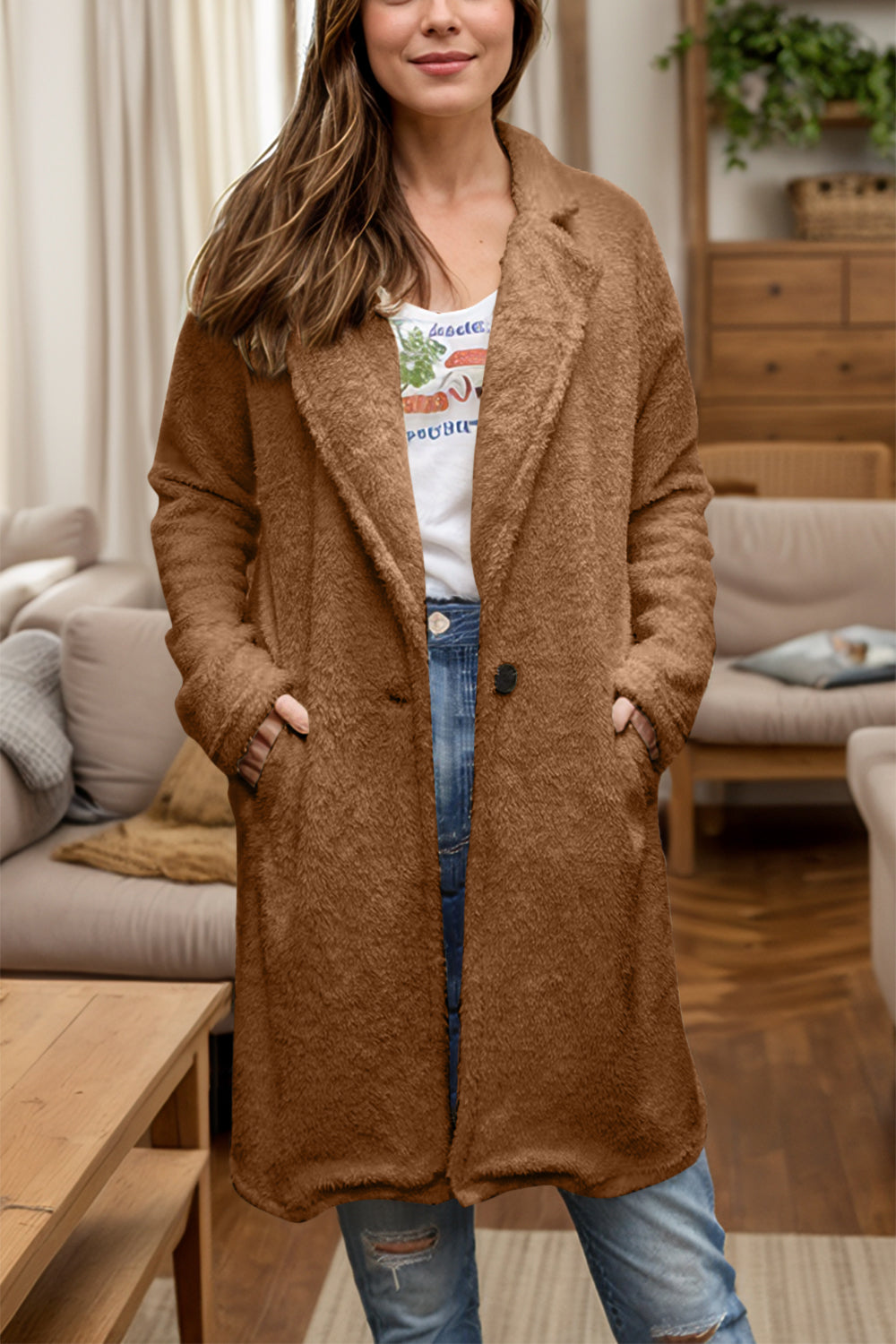 Blue Zone Planet | Full Size One Button Long Sleeve Longline Plush Coat-TOPS / DRESSES-[Adult]-[Female]-Brown-S-2022 Online Blue Zone Planet