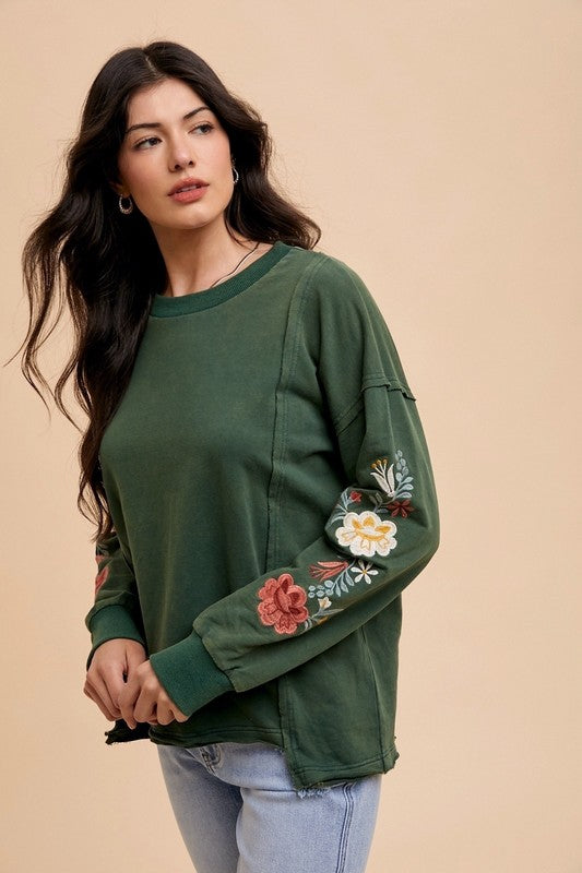 Annie Wear Embroidered Long Sleeve French Terry Top-TOPS / DRESSES-[Adult]-[Female]-2022 Online Blue Zone Planet