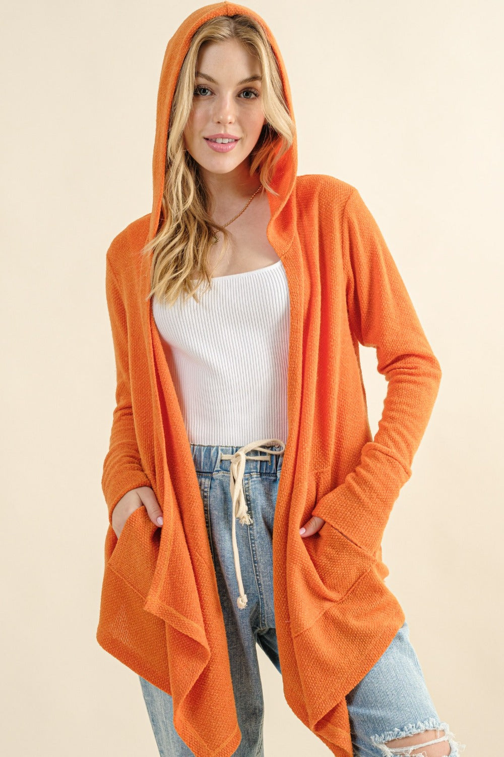 And The Why Full Size Thermal Hooded Open Front Cardigan with Pockets-TOPS / DRESSES-[Adult]-[Female]-Dusty Coral-S-2022 Online Blue Zone Planet