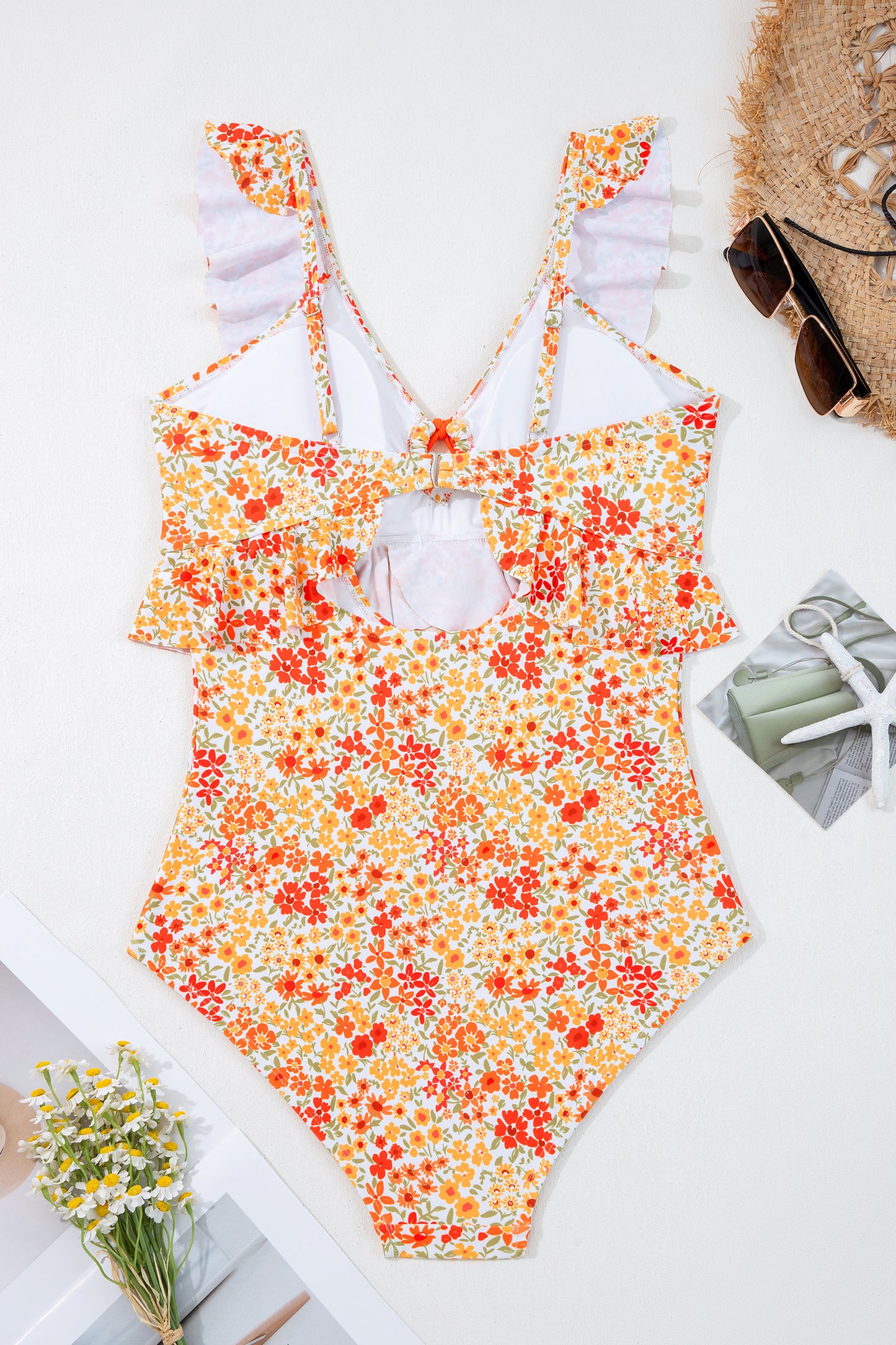 Orange Ruffled Trim Keyhole Accent Floral One Piece Swimsuit-Swimwear/One Piece Swimsuit-[Adult]-[Female]-2022 Online Blue Zone Planet
