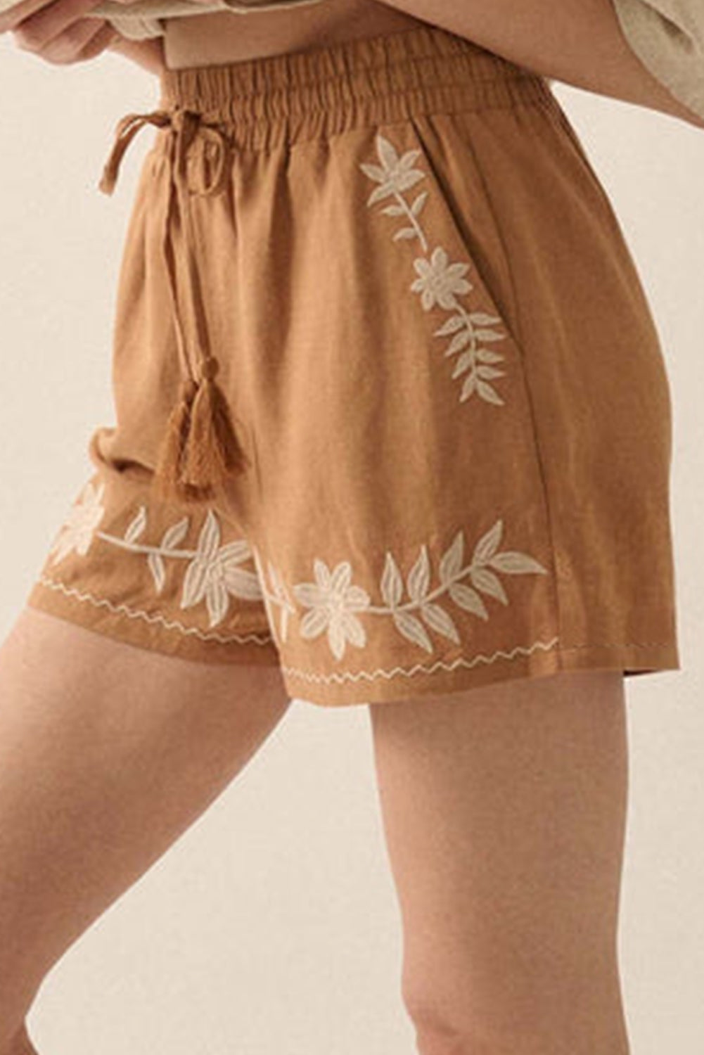 Khaki Embroidered Boho Tasseled Drawstring Elastic Waist Casual Shorts-Bottoms/Casual Shorts-[Adult]-[Female]-2022 Online Blue Zone Planet