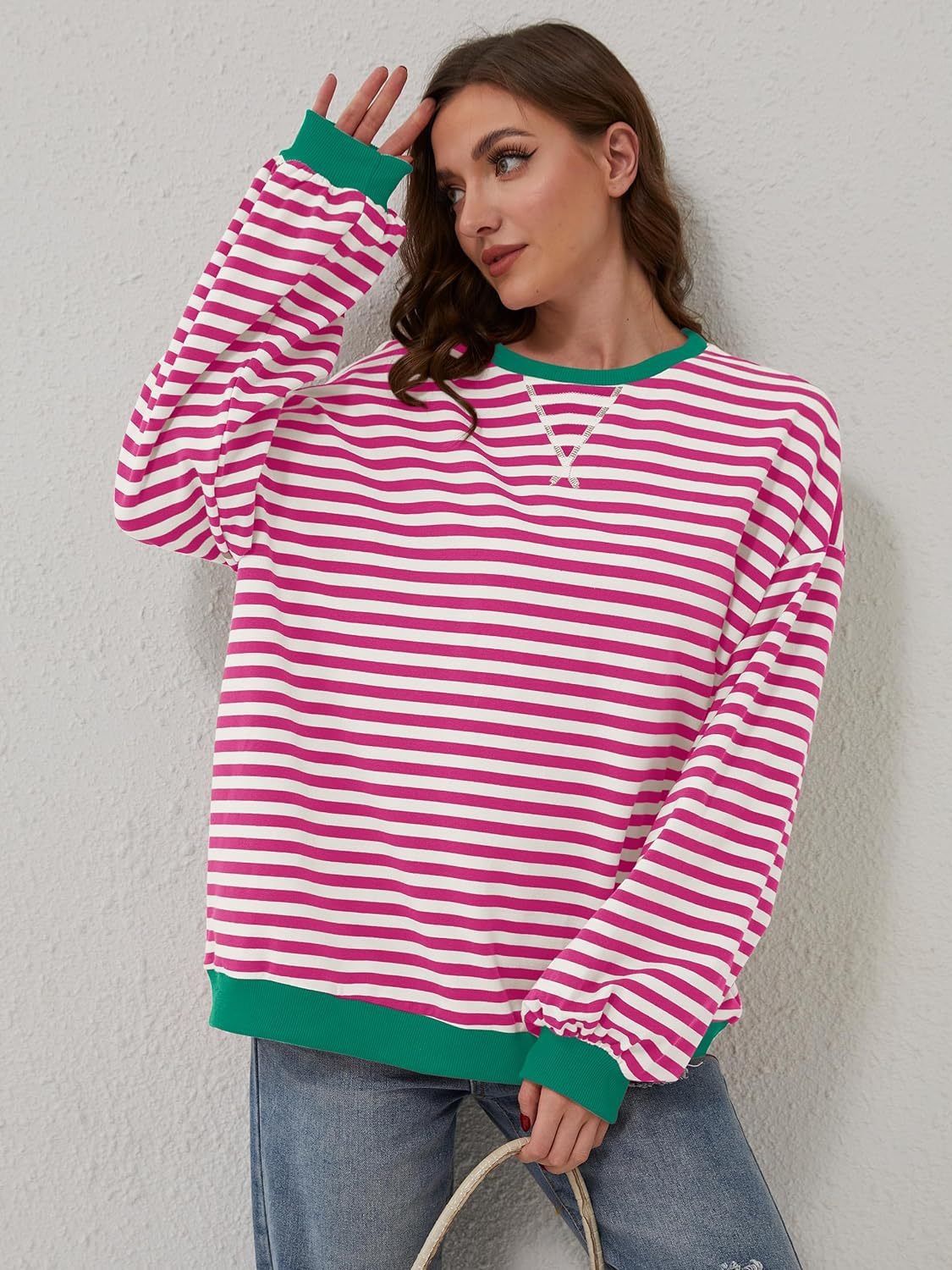 Blue Zone Planet | Lovelet Contrast Striped Long Sleeve Sweatshirt-TOPS / DRESSES-[Adult]-[Female]-Deep Rose-S-2022 Online Blue Zone Planet