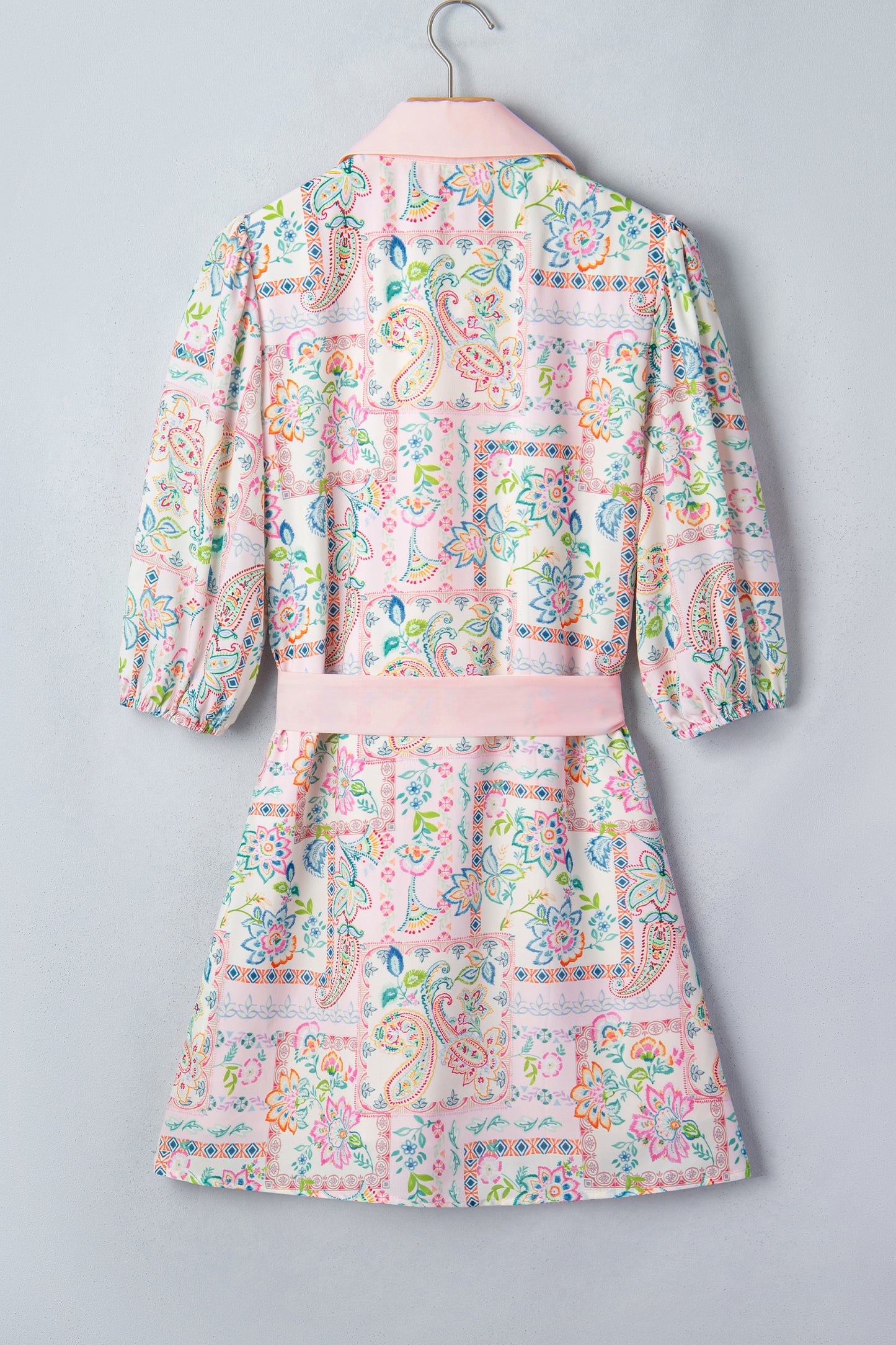 Pink Boho Floral Print Color Block Trim Half Button Belted Mini Dress-TOPS / DRESSES-[Adult]-[Female]-2022 Online Blue Zone Planet