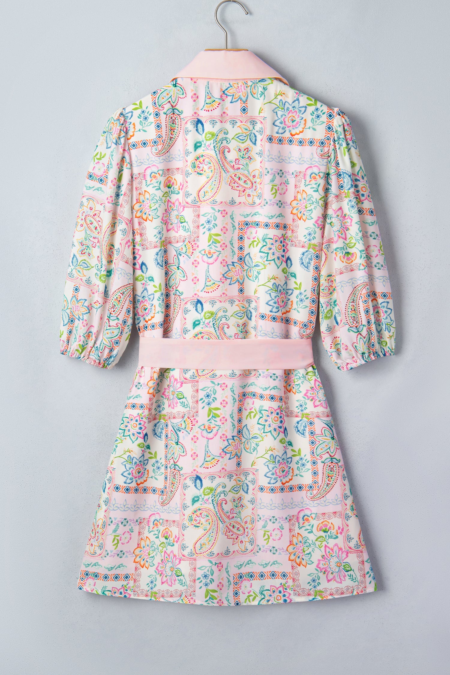 Pink Boho Floral Print Color Block Trim Half Button Belted Mini Dress-TOPS / DRESSES-[Adult]-[Female]-2022 Online Blue Zone Planet