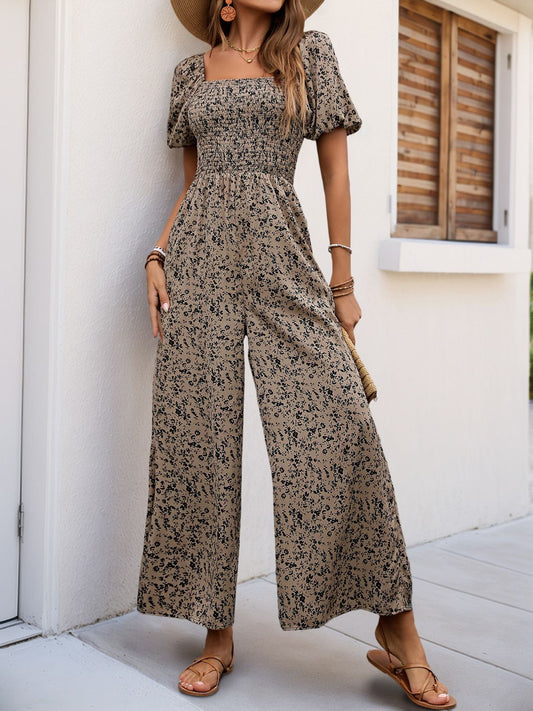 Perfee Smocked Printed Square Neck Puff Sleeve Jumpsuit-TOPS / DRESSES-[Adult]-[Female]-Taupe-S-2022 Online Blue Zone Planet