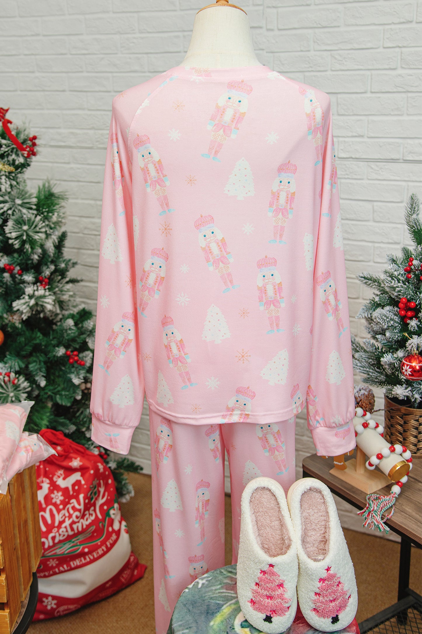 Pink Christmas Tree Nutcracker Print 2pcs Lounge Pant Set-Loungewear & Sleepwear/Loungewear-[Adult]-[Female]-2022 Online Blue Zone Planet