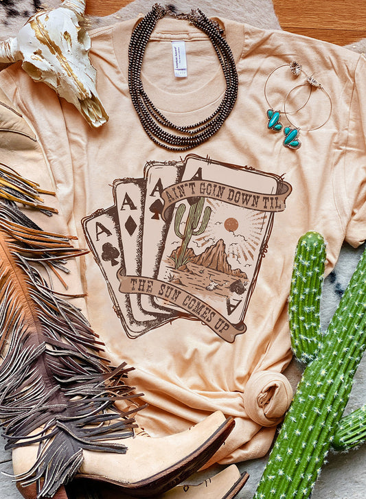 Khaki Western Poker Cards Graphic T Shirt-Graphic/Graphic Tees-[Adult]-[Female]-Khaki-S-2022 Online Blue Zone Planet