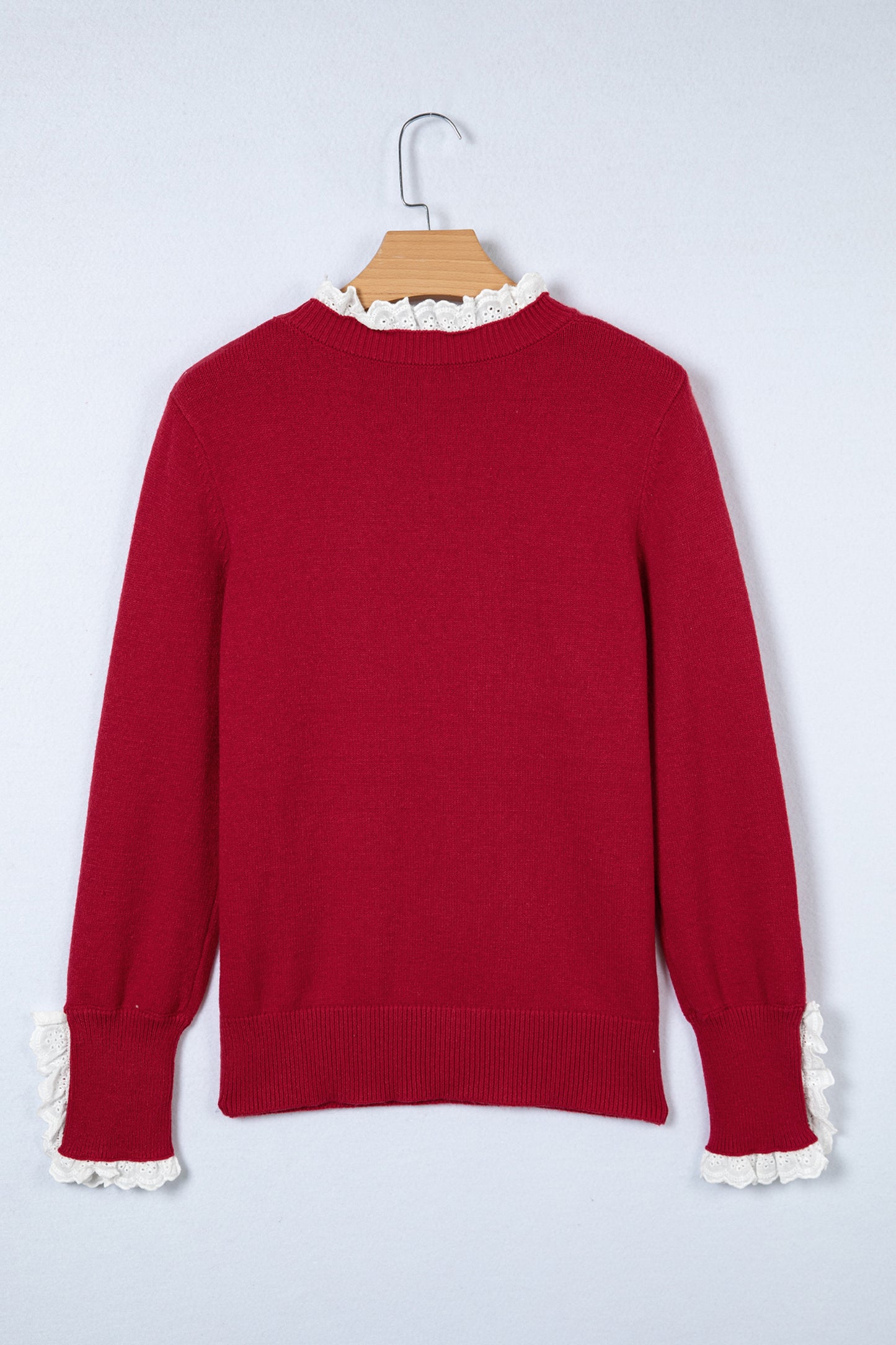 Racing Red Lace Trim Patchwork Buttoned Cuffs Loose Sweater-TOPS / DRESSES-[Adult]-[Female]-2022 Online Blue Zone Planet