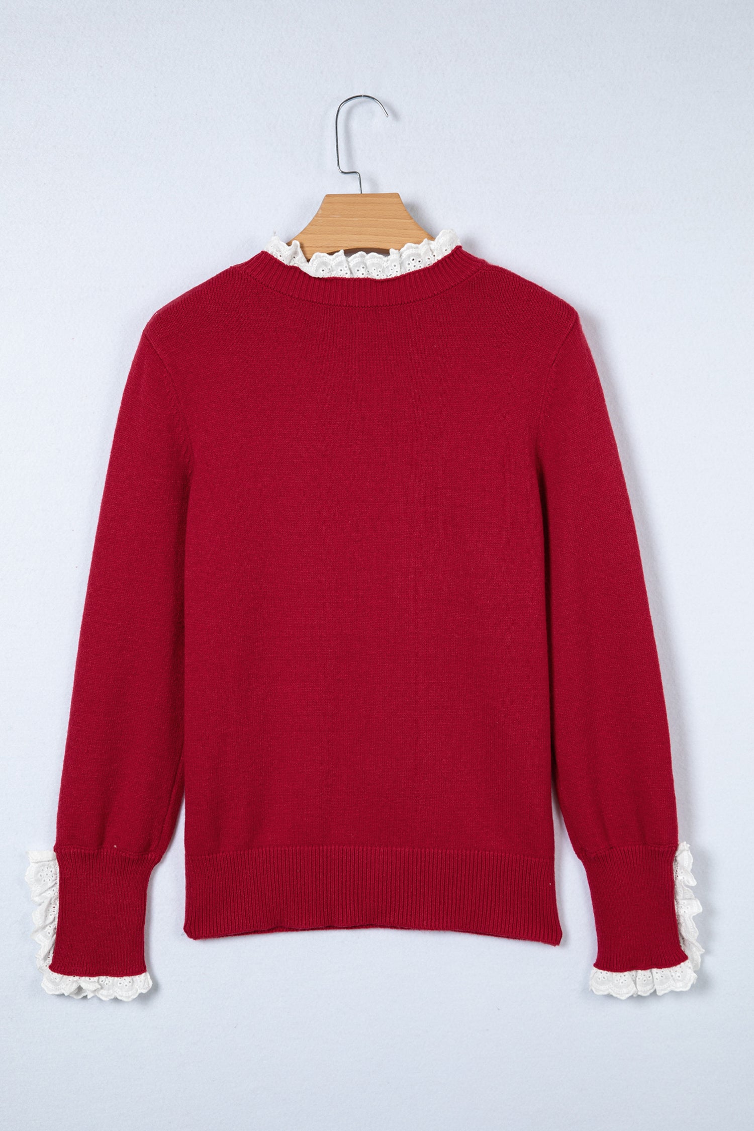 Racing Red Lace Trim Patchwork Buttoned Cuffs Loose Sweater-TOPS / DRESSES-[Adult]-[Female]-2022 Online Blue Zone Planet