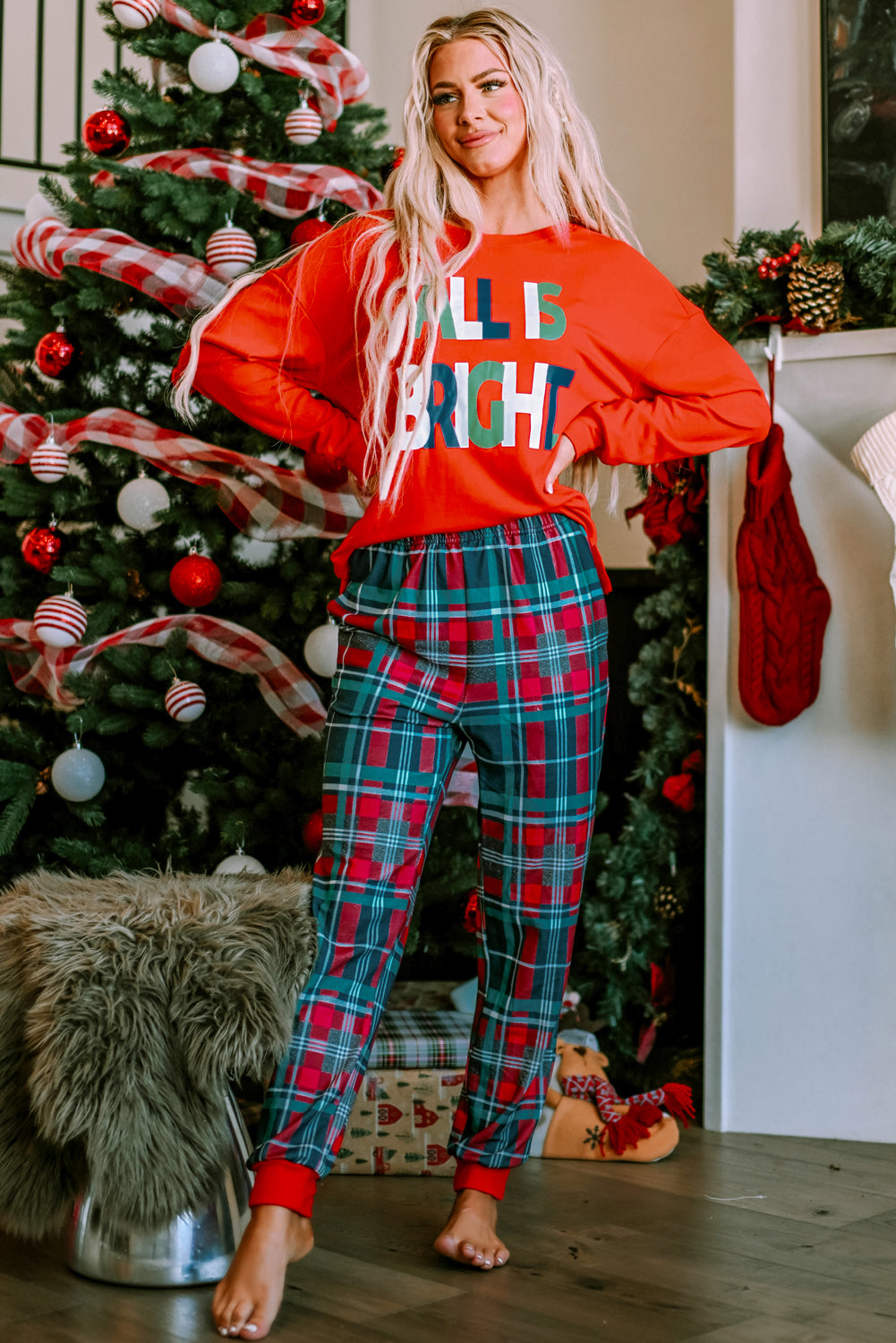 Multicolor ALL IS BRIGHT Graphic Christmas Plaid Pajamas Set-Loungewear & Sleepwear/Loungewear-[Adult]-[Female]-2022 Online Blue Zone Planet