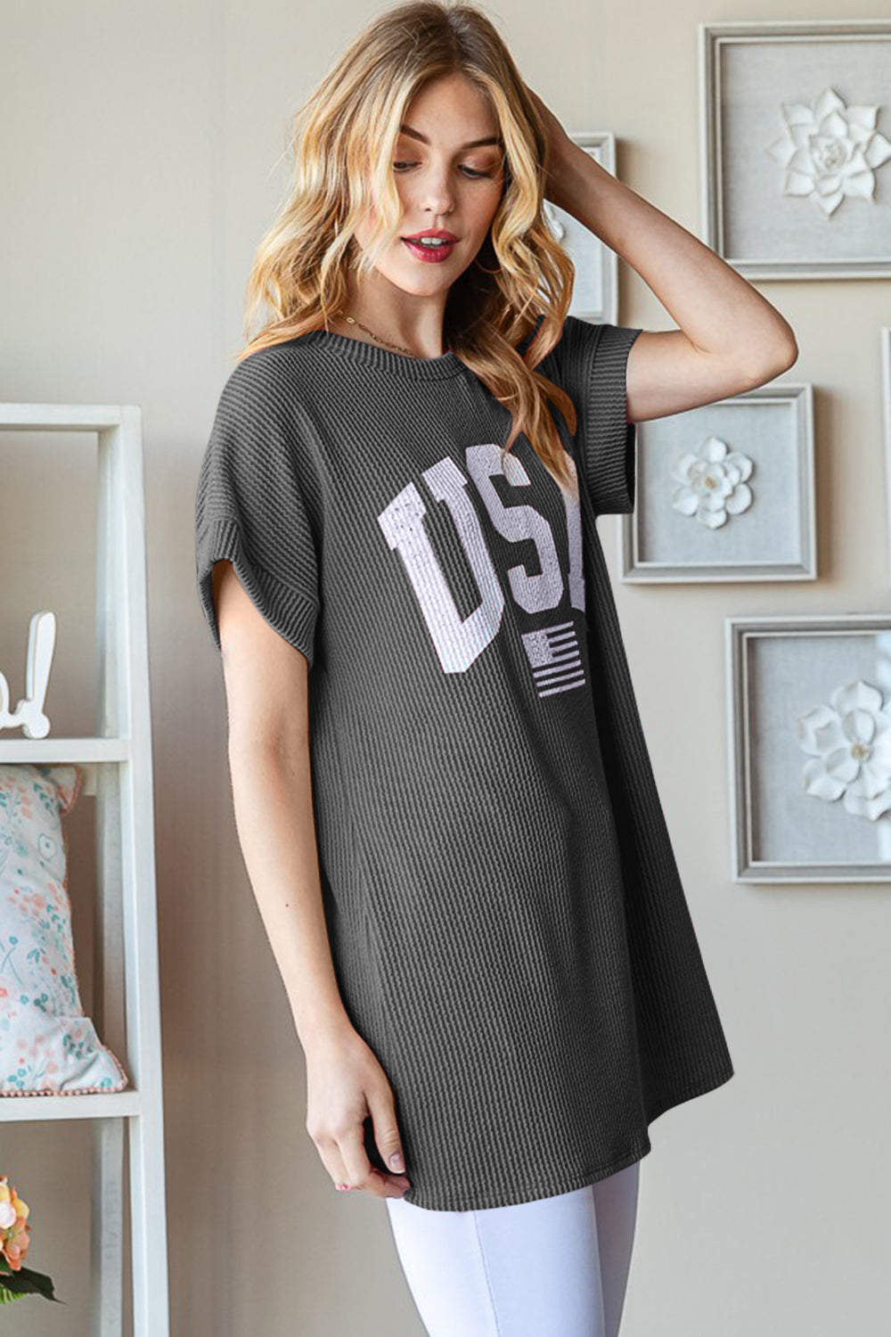 Heimish Full Size USA Graphic Short Sleeve Ribbed Top-TOPS / DRESSES-[Adult]-[Female]-2022 Online Blue Zone Planet