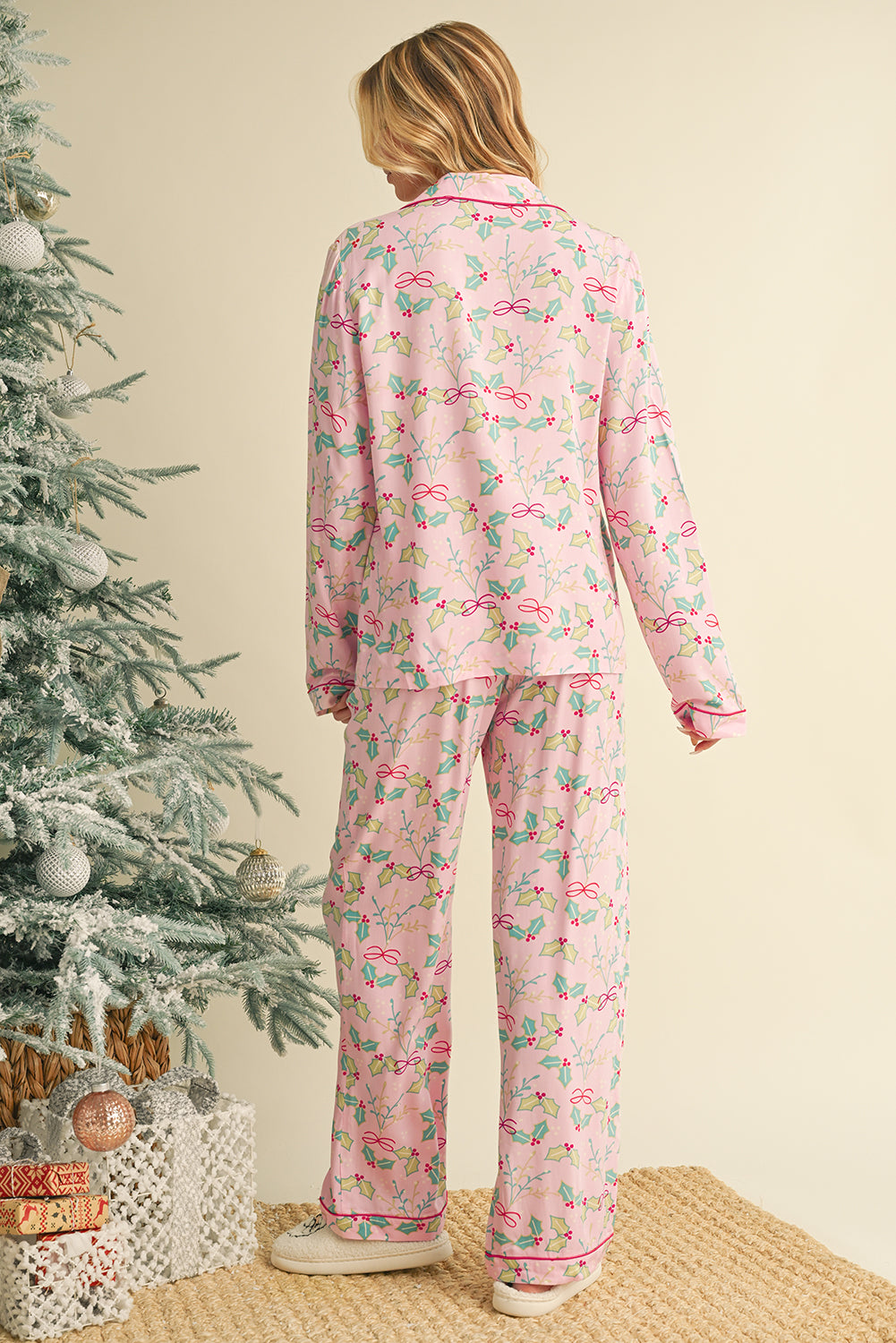 Multicolour Christmas Floral Long Sleeve Shirt and Pants Pajama Set-Loungewear Set-[Adult]-[Female]-2022 Online Blue Zone Planet