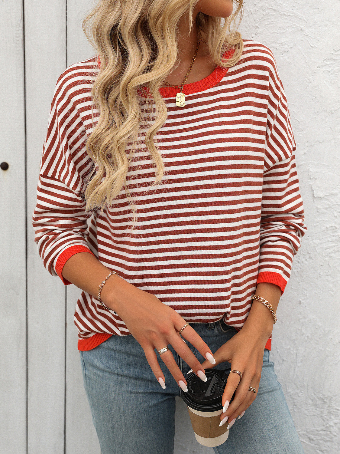 Blue Zone Planet | Mandy Striped Round Neck Long Sleeve Sweater-TOPS / DRESSES-[Adult]-[Female]-2022 Online Blue Zone Planet